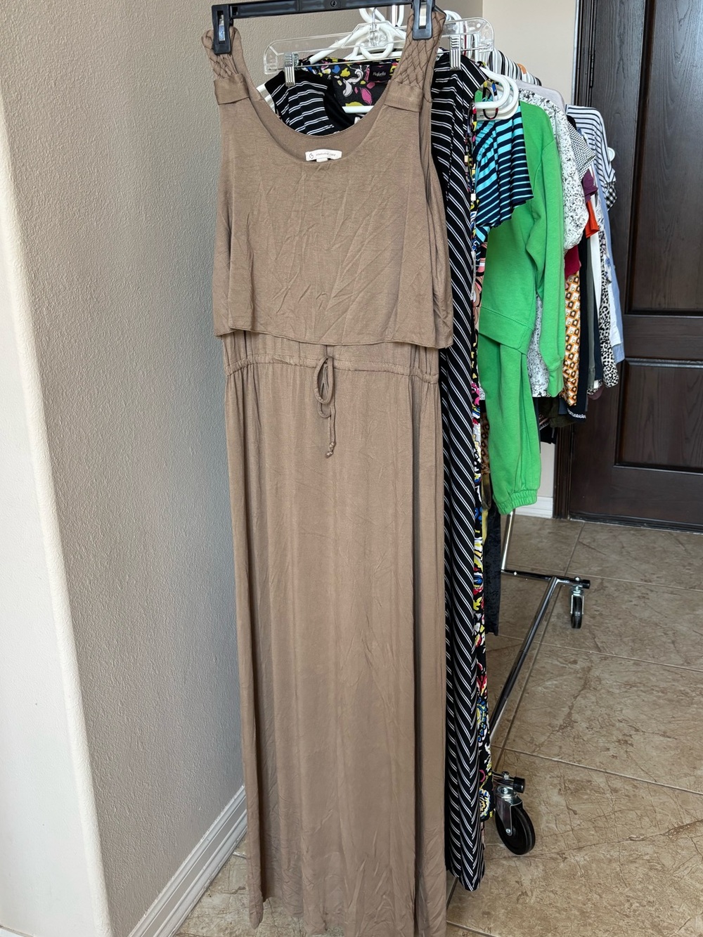Dress Barn Sleeveless Taupe Maxi Dress with Drawstring